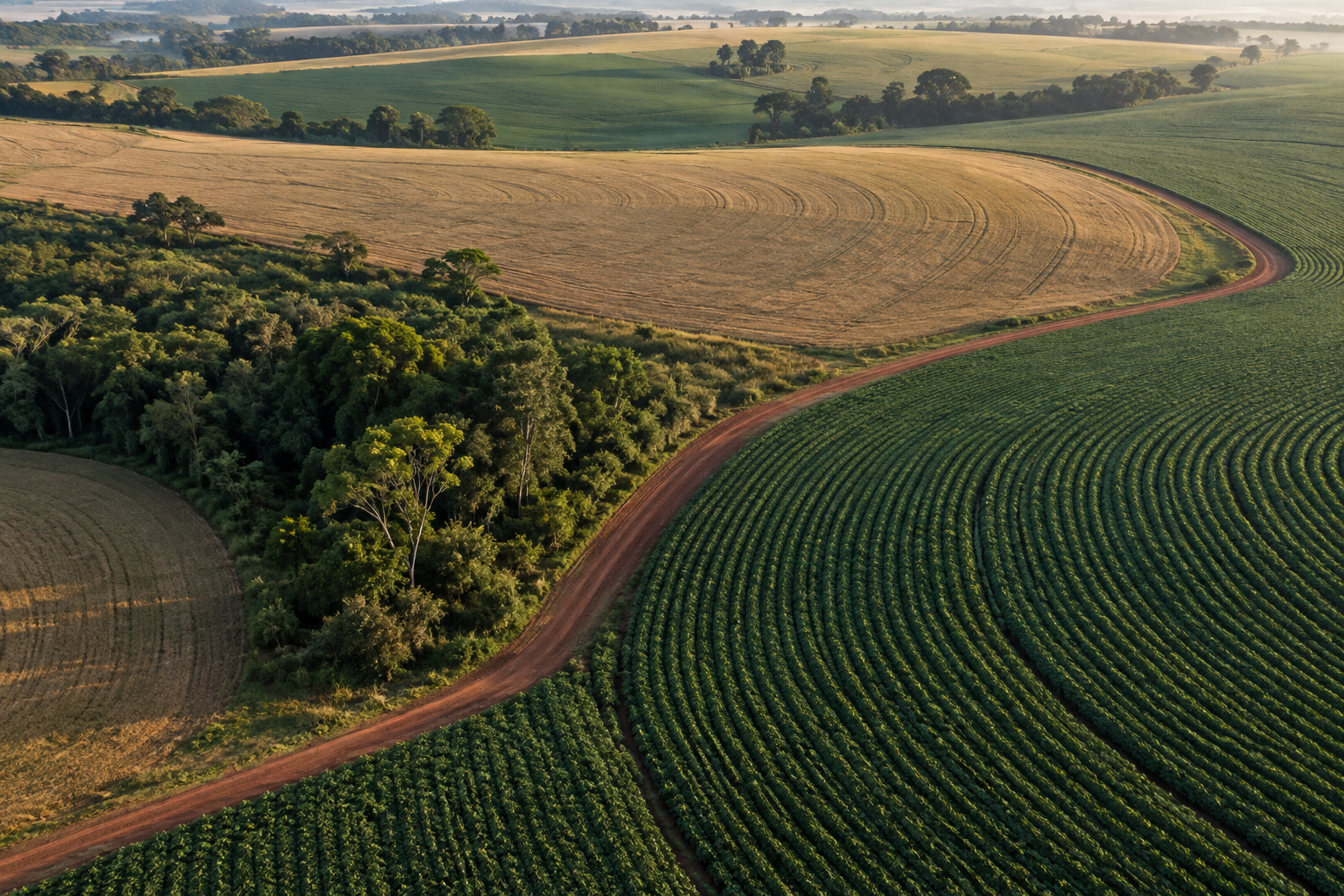 Ilustração aérea de lavouras, estrada de terra e vegetação, com diferentes texturas de cultivo